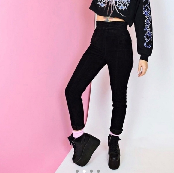 Michael Hoban North Beach Vintage Black Suede/Leather High Rise Pants - Size 1/2 - Picture 1 of 12